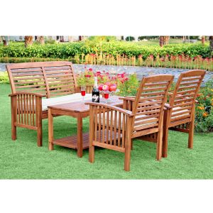 WE Furniture 4-Piece Acacia Wood Conversation Set with Cushions